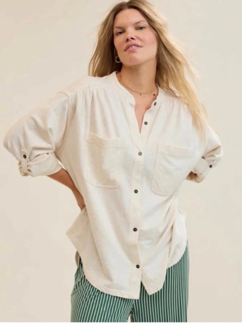 Aerie Cream Roll With It Button Down Oversized Cotton Top